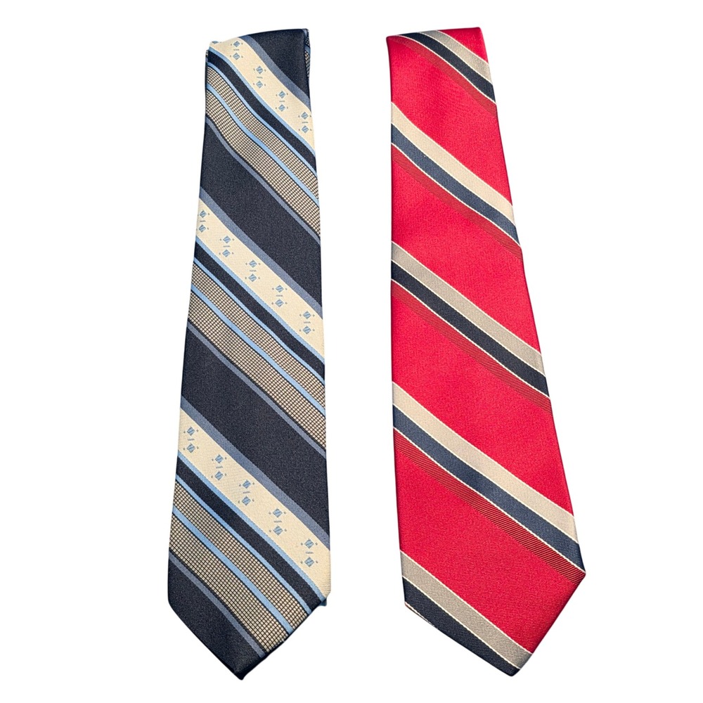 Lot of 2 Vintage Mens Striped Neckties Blue Red Office Business Casual Formal